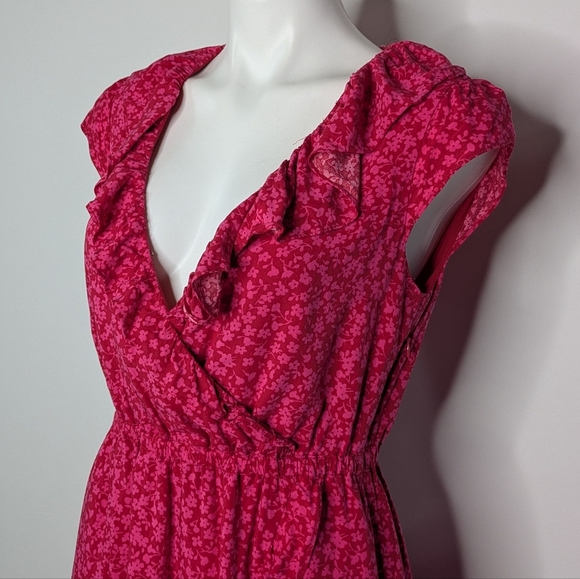 J Crew Red Pink Ditsy Floral Ruffle V Neck Short Sleeve Short Dress 4 - Picture 2 of 9